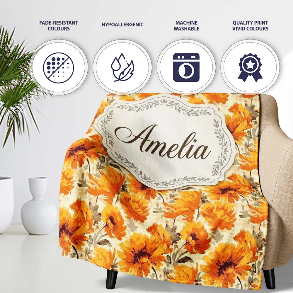 Classic Autumn Chrysanthemum Floral Pattern in Orange and Gold Tones  Personalised Custom Name Super Soft Fleece Blanket Bed Sofa Throw