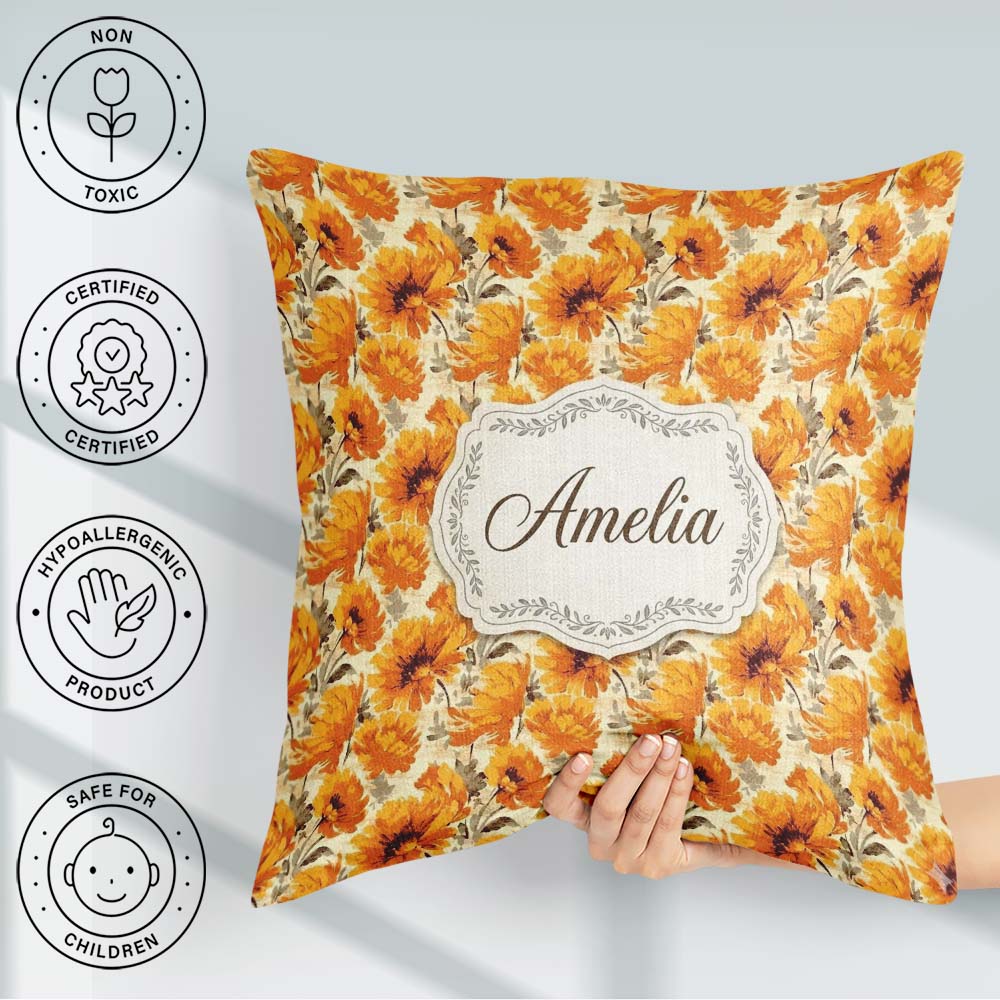 Custom Name Autumn Chrysanthemum Floral in Orange and Gold Tones Square Filled Cushion Throw Pillow Sofa Bed Home Decor Zip Washable UK Made