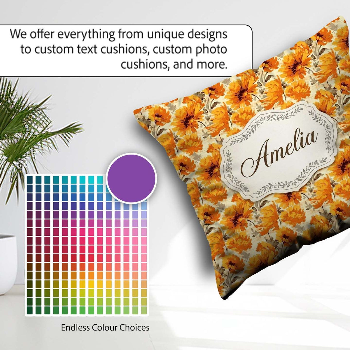 Custom Name Autumn Chrysanthemum Floral in Orange and Gold Tones Square Filled Cushion Throw Pillow Sofa Bed Home Decor Zip Washable UK Made