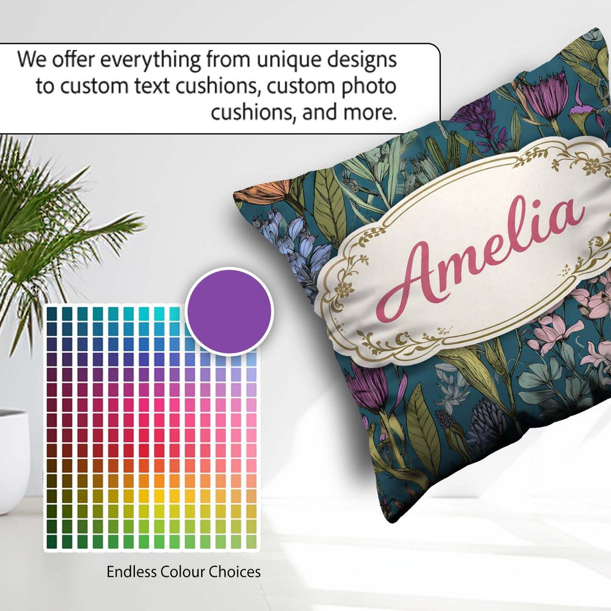 Custom Name Elegant Botanical Line Art Green Background Seamless Square Filled Cushion Throw Pillow Sofa Bed Home Decor Zip Washable UK Made
