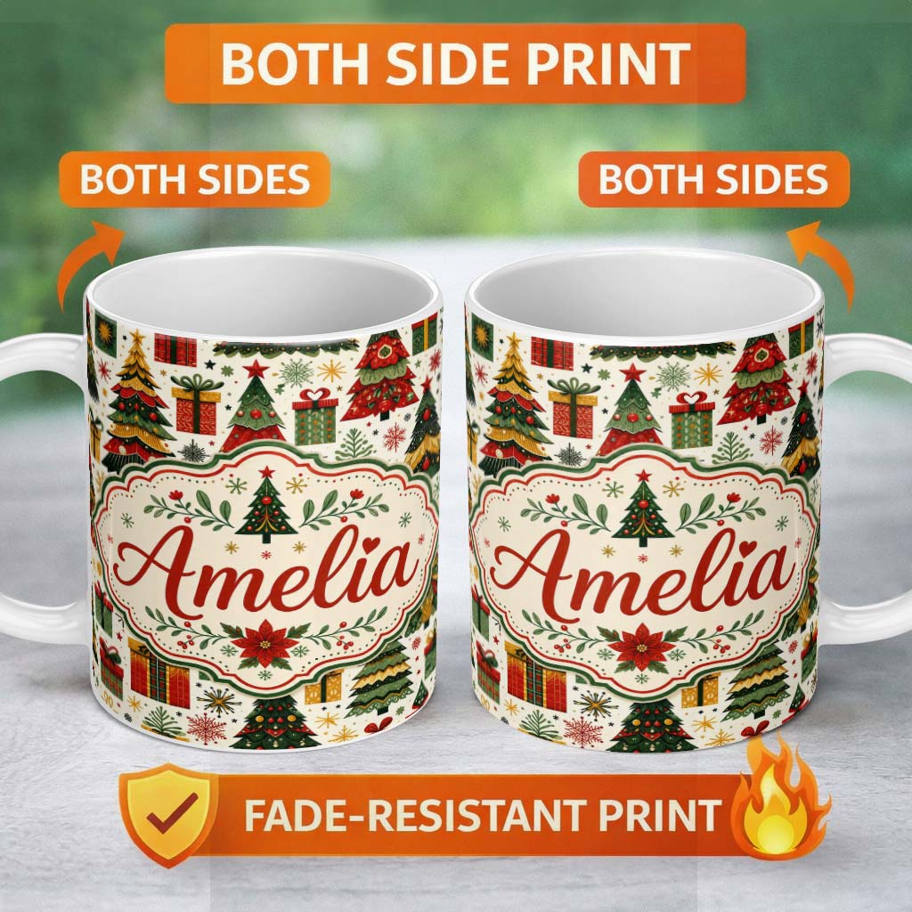 Personalized Custom Name Cute Christmas Tree Gift Holiday Festive Seamless Pattern Lovely 11oz Ceramic Coffee Tea Mug White Large Handle