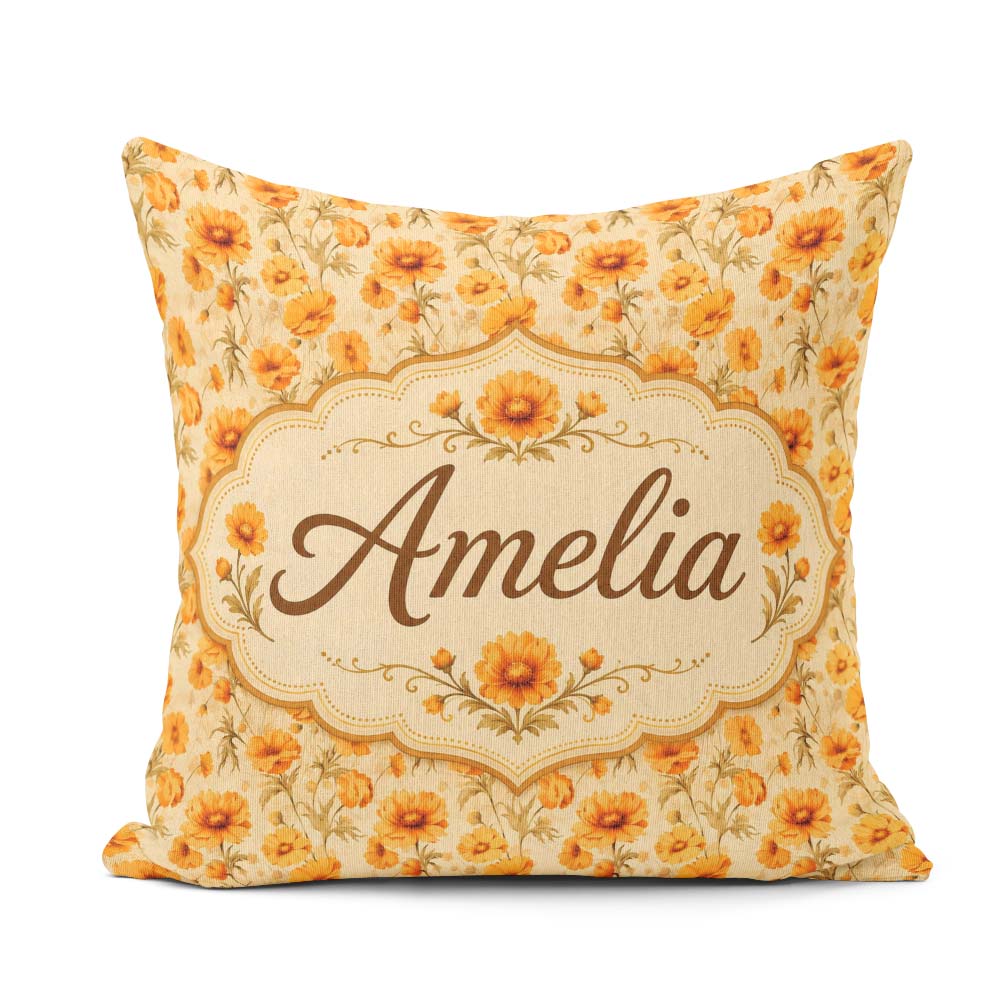 Custom Name Floral on Neutral Background with Warm Autumn Tones Square Filled Cushion Throw Pillow Sofa Bed Home Decor Zip Washable UK Made