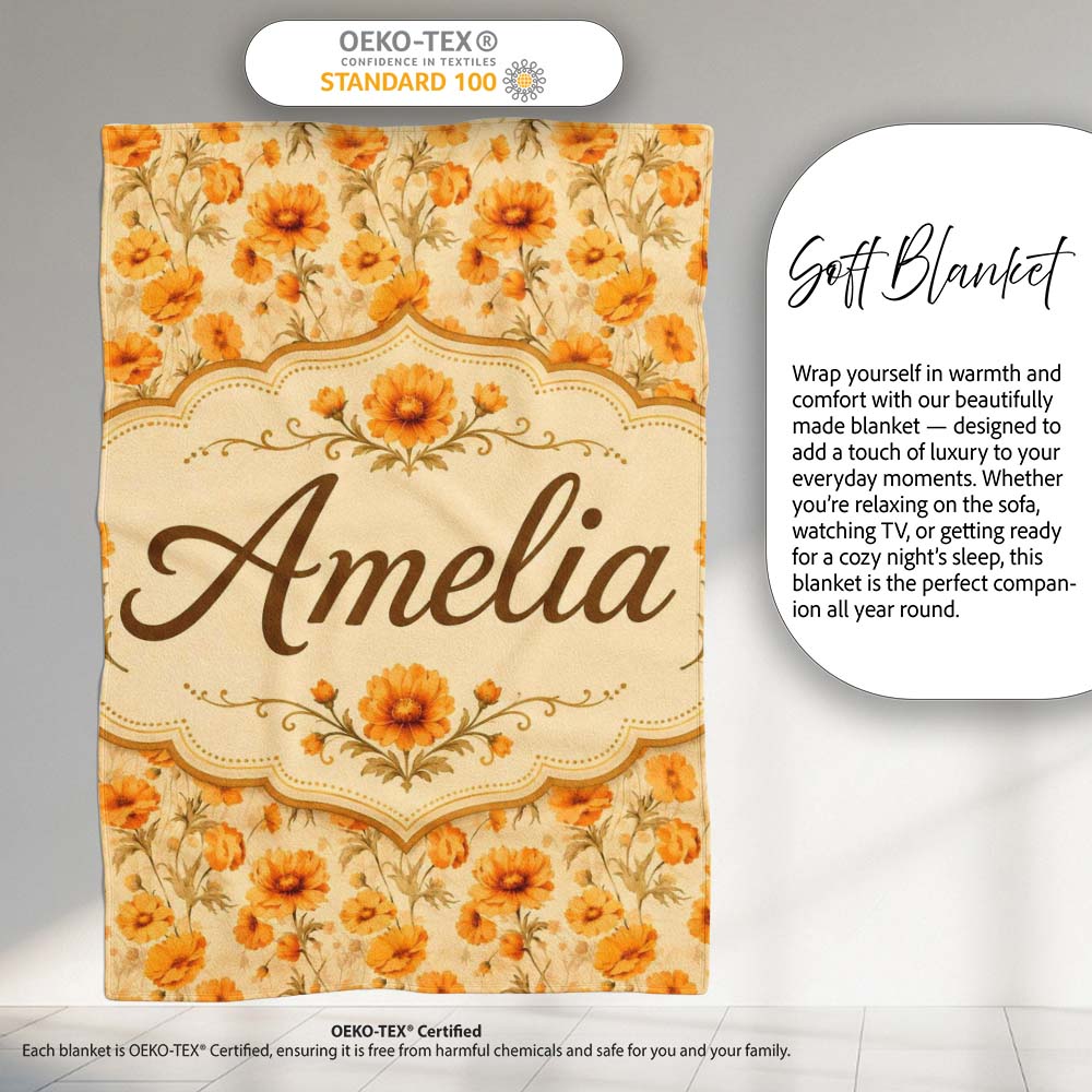 Chrysanthemum Floral on Neutral Background with Warm Autumn Tones  Personalised Custom Name Super Soft Fleece Blanket Bed Sofa Throw