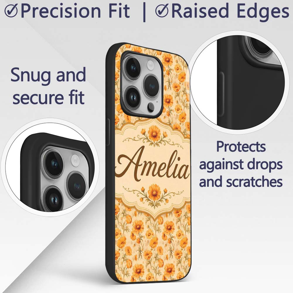 Chrysanthemum Floral on Neutral Background with Custom Name Protective Phone Case Mobile Cover Durable Everyday Smartphone Shock Resistant