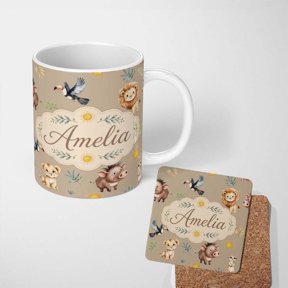 Personalized Custom Name Cute Safari Animals Lion and Warthog with Sun and Leaves on Tan Pink 11oz Ceramic Coffee Tea Mug White Large Handle
