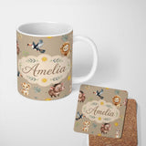 Personalized Custom Name Cute Safari Animals Lion and Warthog with Sun and Leaves on Tan Pink 11oz Ceramic Coffee Tea Mug White Large Handle