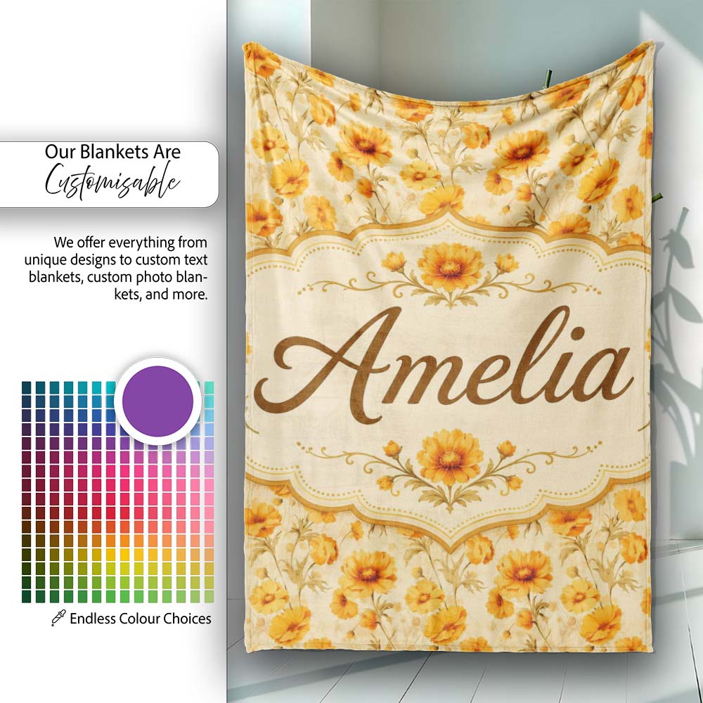 Chrysanthemum Floral on Neutral Background with Warm Autumn Tones  Personalised Custom Name Super Soft Fleece Blanket Bed Sofa Throw