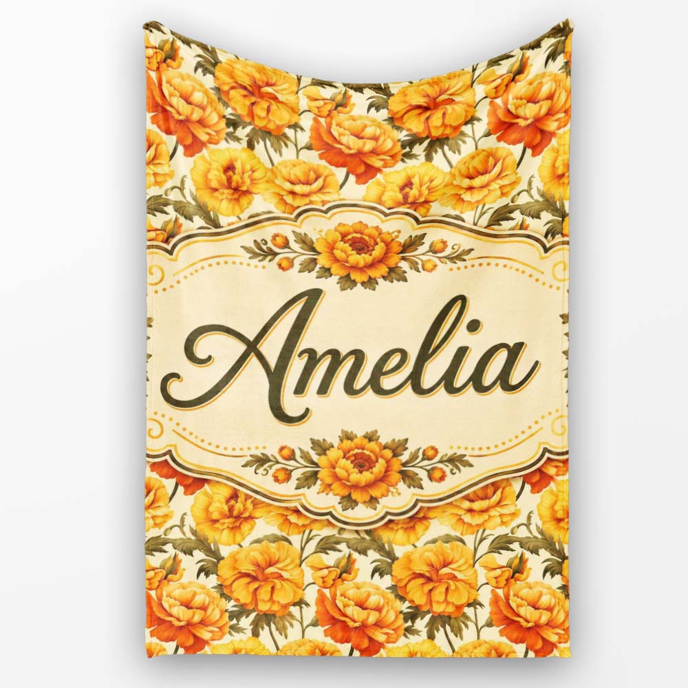 Soft Pastel Orange Floral Pattern with Cream and Sage Tones Lovely  Personalised Custom Name Super Soft Fleece Blanket Bed Sofa Throw
