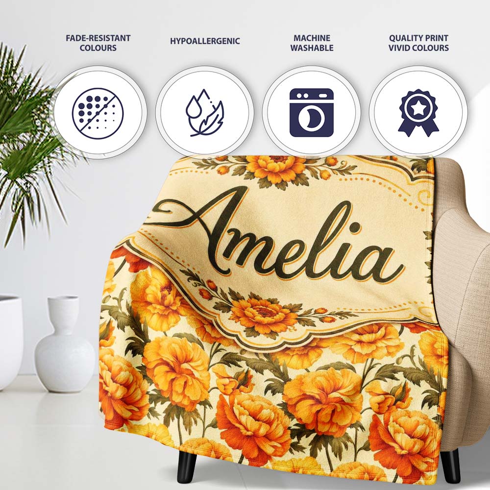 Soft Pastel Orange Floral Pattern with Cream and Sage Tones Lovely  Personalised Custom Name Super Soft Fleece Blanket Bed Sofa Throw