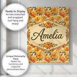 Personalised Name Soft Pastel Orange Floral Custom  Bespoke Interior Contemporary Canvas Wall Art Print Decor Picture Ready to Hang