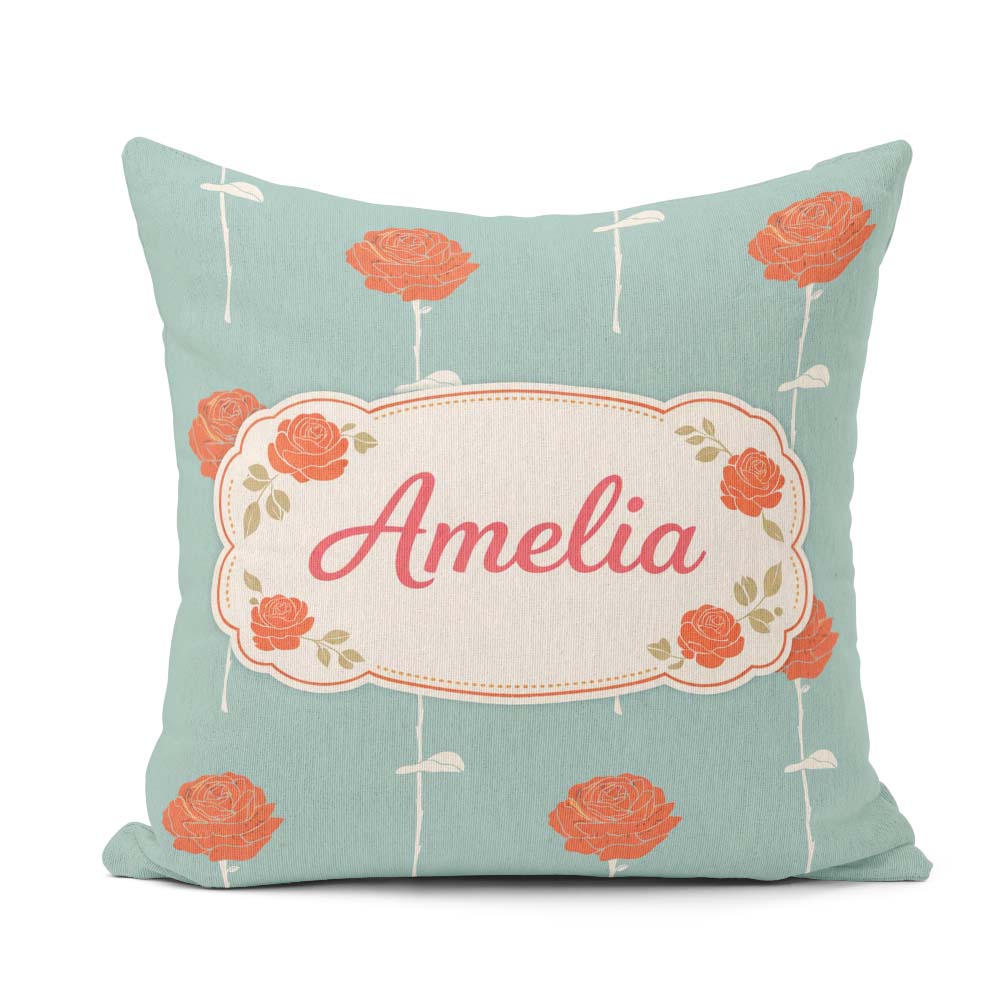 Custom Name Red Rose Minimal Pattern Blue Elegant Design Lovely Square Filled Cushion Throw Pillow Sofa Bed Home Decor Zip Washable UK Made