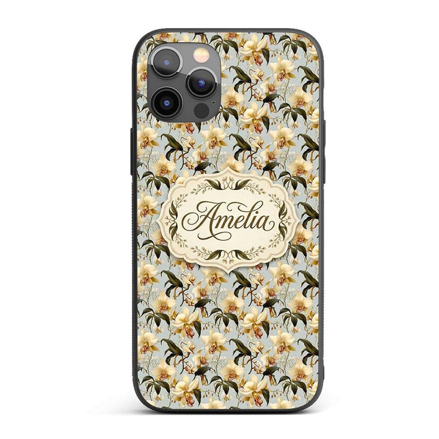 Classic Ivory Orchid Floral with Detailed Leaves Custom Name Protective Phone Case Mobile Cover Durable Everyday Smartphone Shock Resistant