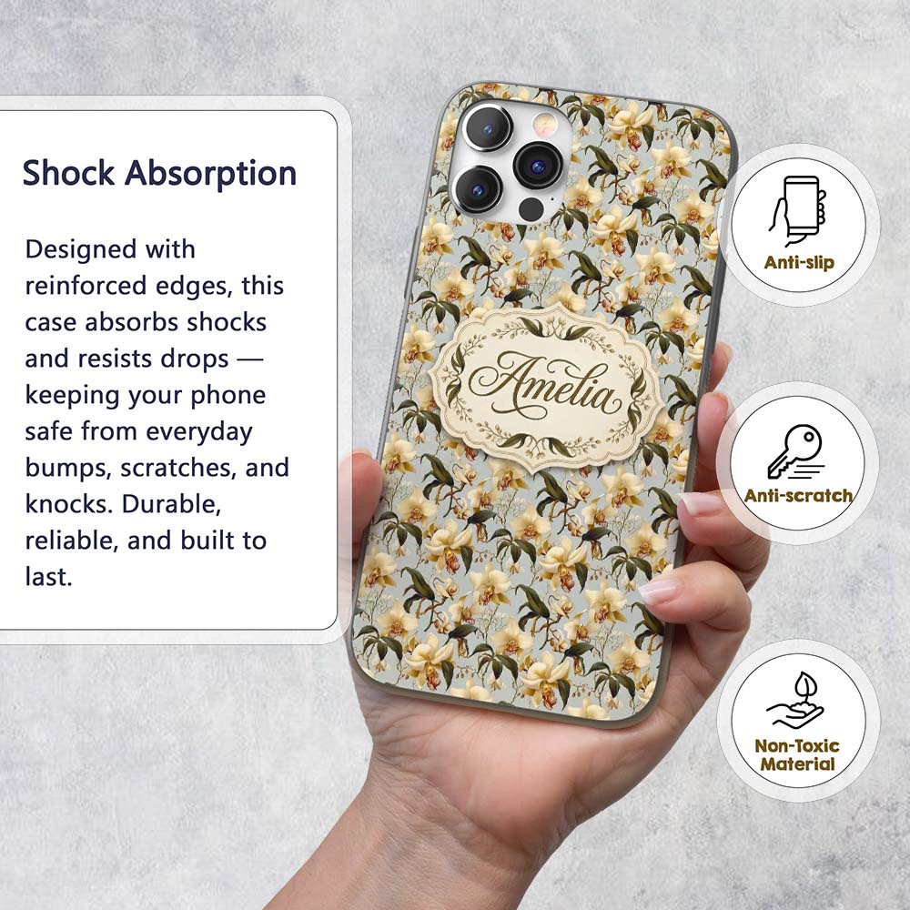 Classic Ivory Orchid Floral with Detailed Leaves Custom Name Protective Phone Case Mobile Cover Durable Everyday Smartphone Shock Resistant
