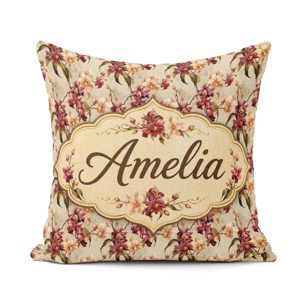Custom Name Rich and Cream Orchid Floral Pattern on Warm Neutral Square Filled Cushion Throw Pillow Sofa Bed Home Decor Zip Washable UK Made