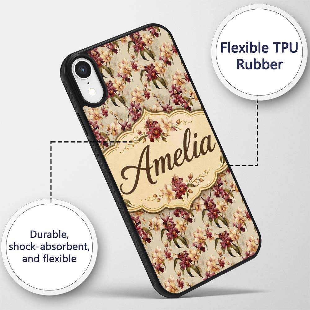 Rich Burgundy and Cream Orchid Floral Pattern on Custom Name Protective Phone Case Mobile Cover Durable Everyday Smartphone Shock Resistant
