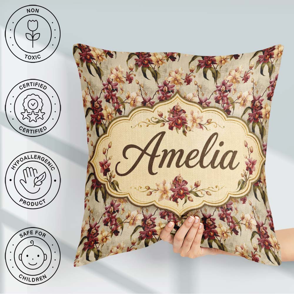 Custom Name Rich and Cream Orchid Floral Pattern on Warm Neutral Square Filled Cushion Throw Pillow Sofa Bed Home Decor Zip Washable UK Made