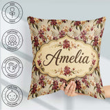 Custom Name Rich and Cream Orchid Floral Pattern on Warm Neutral Square Filled Cushion Throw Pillow Sofa Bed Home Decor Zip Washable UK Made
