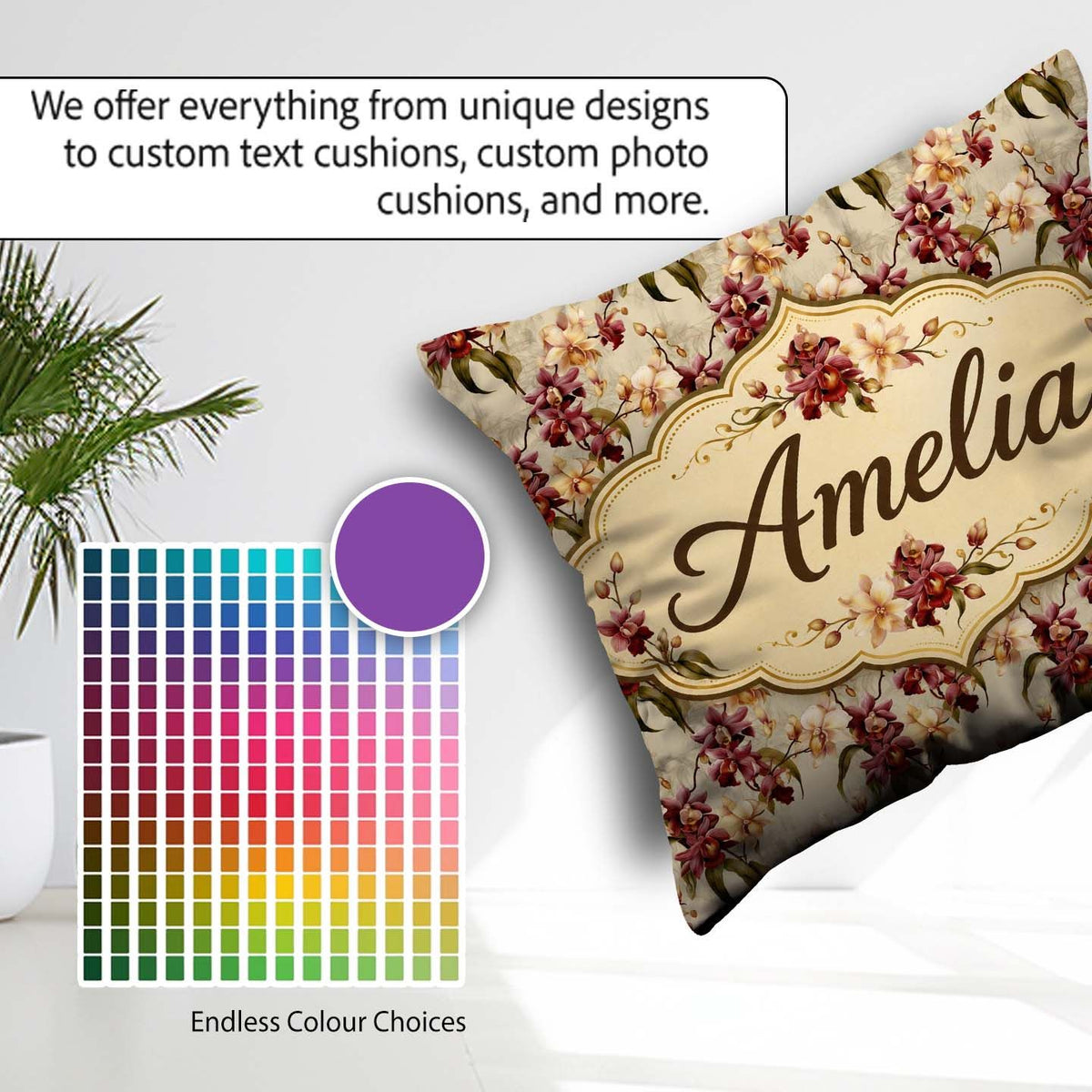 Custom Name Rich and Cream Orchid Floral Pattern on Warm Neutral Square Filled Cushion Throw Pillow Sofa Bed Home Decor Zip Washable UK Made