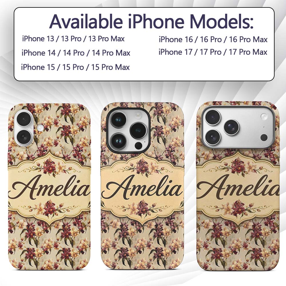 Rich Burgundy and Cream Orchid Floral Pattern on Custom Name Protective Phone Case Mobile Cover Durable Everyday Smartphone Shock Resistant