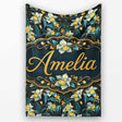 Dark Botanical Orchid Floral with Blue and Gold Tones Black Lovely  Personalised Custom Name Super Soft Fleece Blanket Bed Sofa Throw