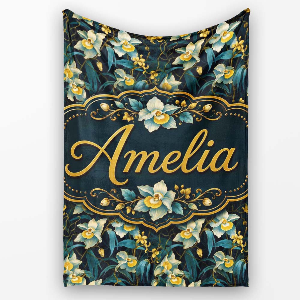 Dark Botanical Orchid Floral with Blue and Gold Tones Black Lovely  Personalised Custom Name Super Soft Fleece Blanket Bed Sofa Throw