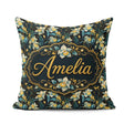 Custom Name Dark Botanical Orchid with Blue and Gold Tones Black Square Filled Cushion Throw Pillow Sofa Bed Home Decor Zip Washable UK Made