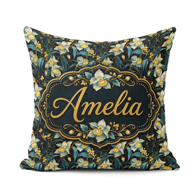 Custom Name Dark Botanical Orchid with Blue and Gold Tones Black Square Filled Cushion Throw Pillow Sofa Bed Home Decor Zip Washable UK Made