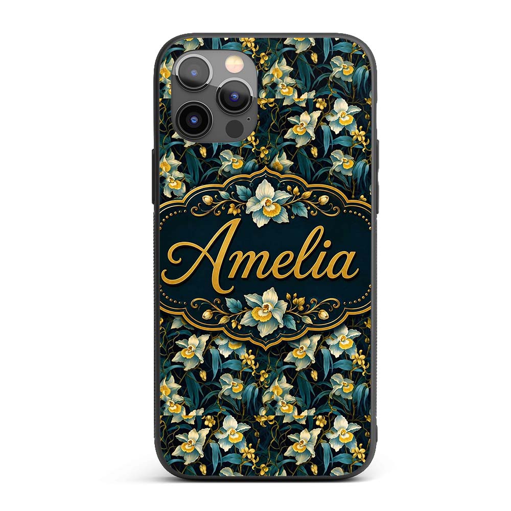 Dark Botanical Orchid Floral with Blue and Gold Custom Name Protective Phone Case Mobile Cover Durable Everyday Smartphone Shock Resistant