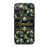 Dark Botanical Orchid Floral with Blue and Gold Custom Name Protective Phone Case Mobile Cover Durable Everyday Smartphone Shock Resistant