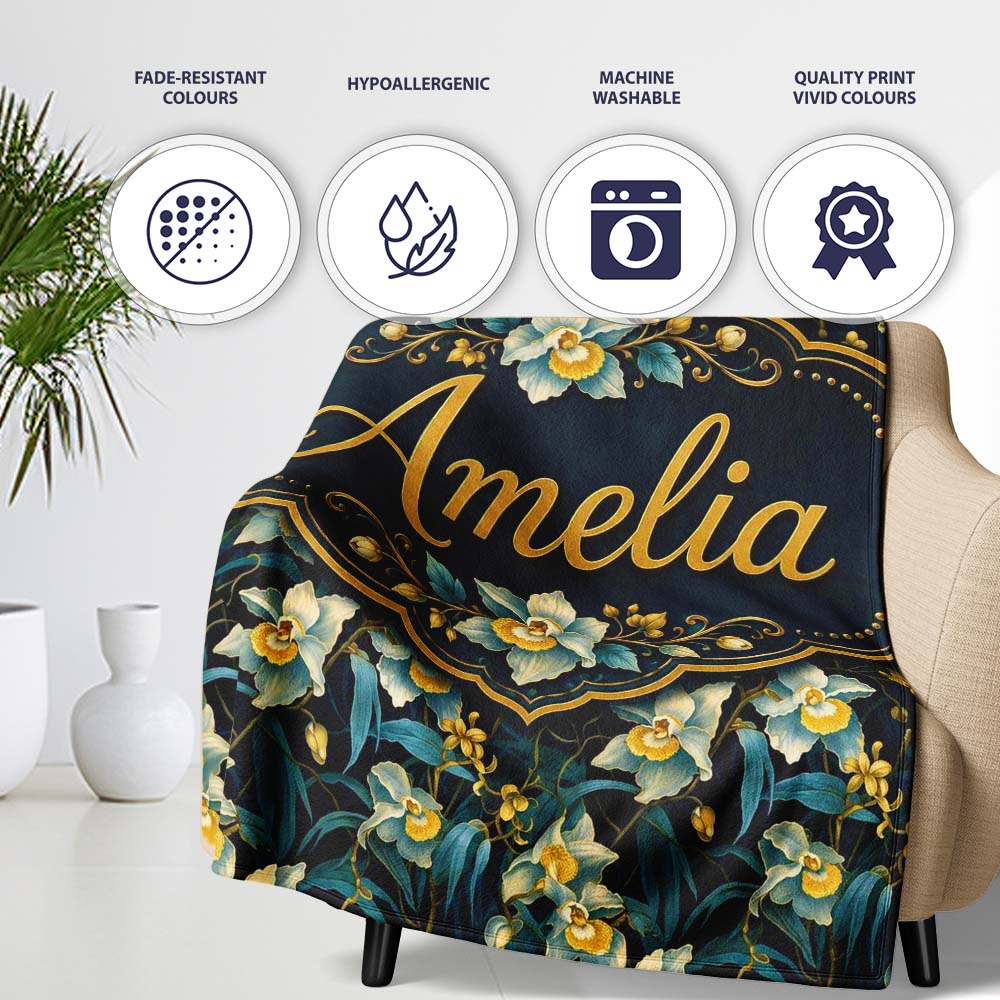 Dark Botanical Orchid Floral with Blue and Gold Tones Black Lovely  Personalised Custom Name Super Soft Fleece Blanket Bed Sofa Throw