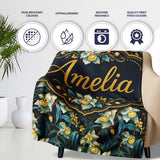 Dark Botanical Orchid Floral with Blue and Gold Tones Black Lovely  Personalised Custom Name Super Soft Fleece Blanket Bed Sofa Throw