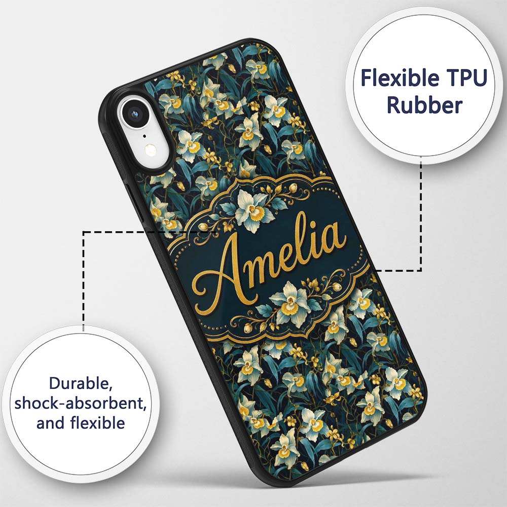 Dark Botanical Orchid Floral with Blue and Gold Custom Name Protective Phone Case Mobile Cover Durable Everyday Smartphone Shock Resistant