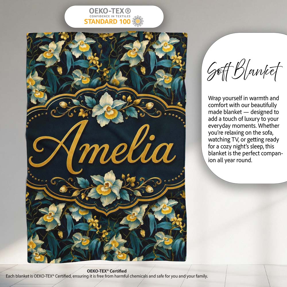 Dark Botanical Orchid Floral with Blue and Gold Tones Black Lovely  Personalised Custom Name Super Soft Fleece Blanket Bed Sofa Throw