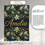 Dark Botanical Orchid Floral with Blue and Gold Tones Black Lovely  Personalised Custom Name Super Soft Fleece Blanket Bed Sofa Throw