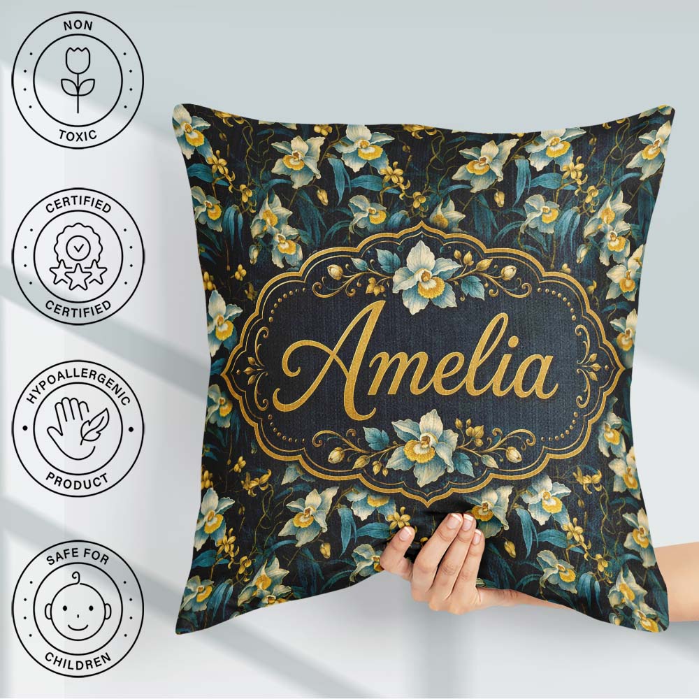 Custom Name Dark Botanical Orchid with Blue and Gold Tones Black Square Filled Cushion Throw Pillow Sofa Bed Home Decor Zip Washable UK Made