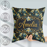 Custom Name Dark Botanical Orchid with Blue and Gold Tones Black Square Filled Cushion Throw Pillow Sofa Bed Home Decor Zip Washable UK Made