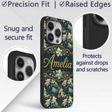 Dark Botanical Orchid Floral with Blue and Gold Custom Name Protective Phone Case Mobile Cover Durable Everyday Smartphone Shock Resistant