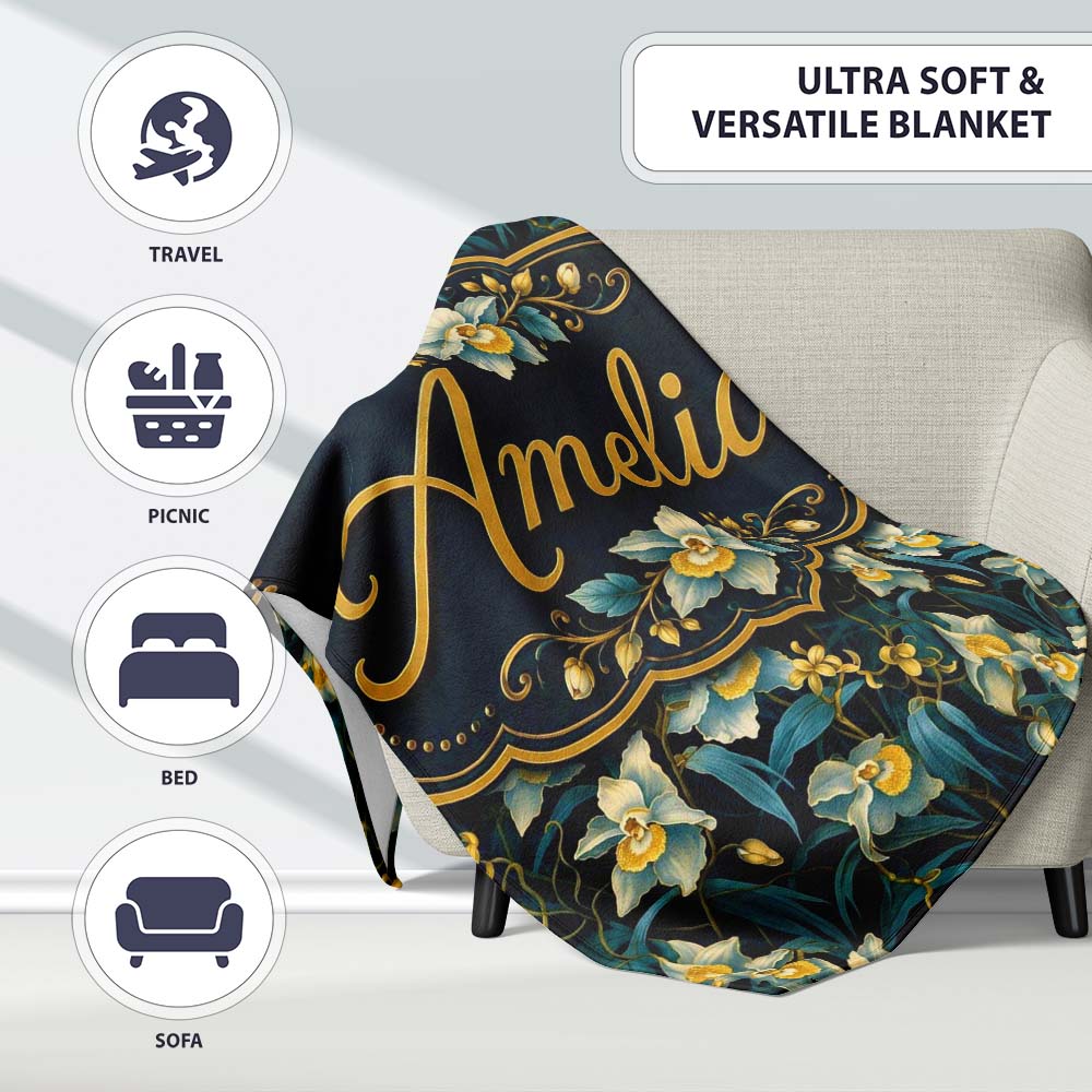 Dark Botanical Orchid Floral with Blue and Gold Tones Black Lovely  Personalised Custom Name Super Soft Fleece Blanket Bed Sofa Throw