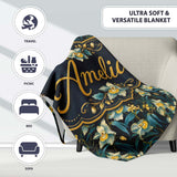 Dark Botanical Orchid Floral with Blue and Gold Tones Black Lovely  Personalised Custom Name Super Soft Fleece Blanket Bed Sofa Throw
