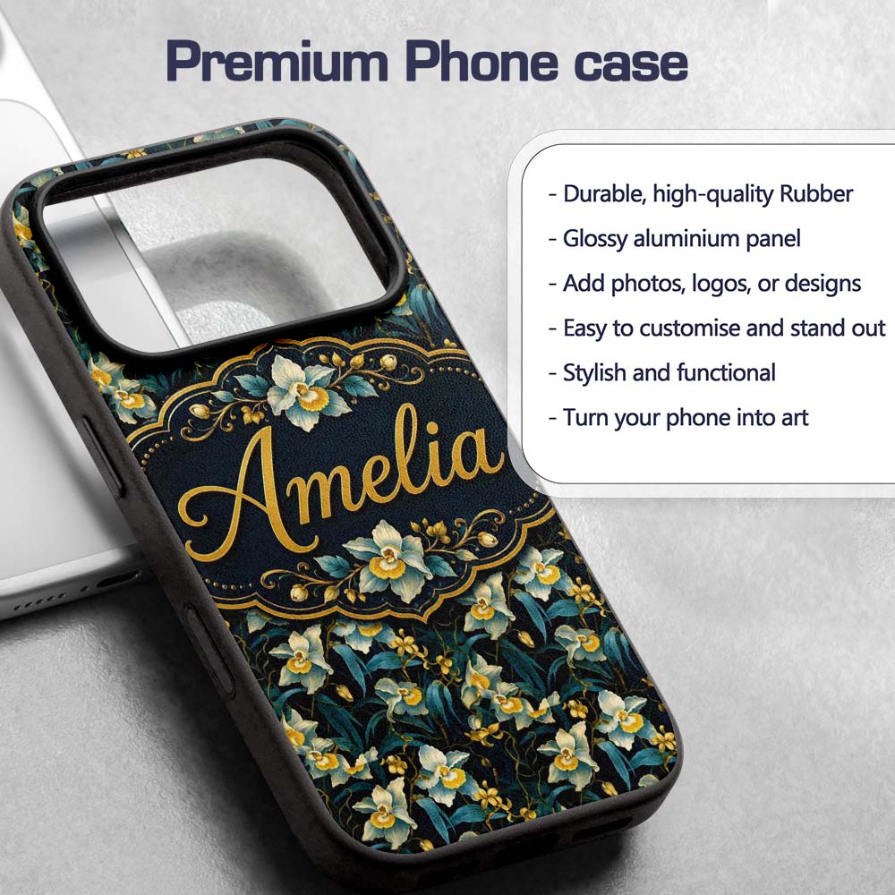 Dark Botanical Orchid Floral with Blue and Gold Custom Name Protective Phone Case Mobile Cover Durable Everyday Smartphone Shock Resistant