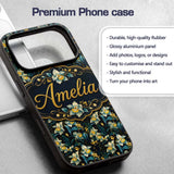 Dark Botanical Orchid Floral with Blue and Gold Custom Name Protective Phone Case Mobile Cover Durable Everyday Smartphone Shock Resistant