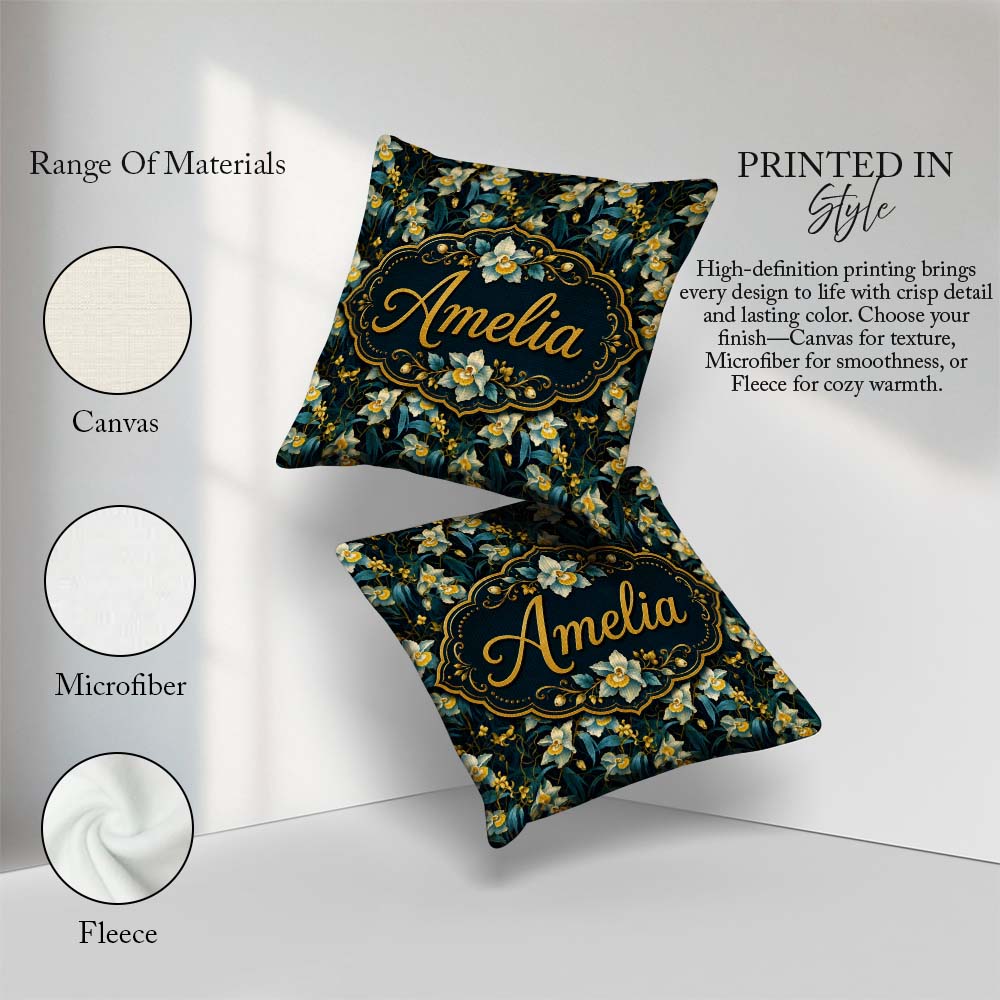 Custom Name Dark Botanical Orchid with Blue and Gold Tones Black Square Filled Cushion Throw Pillow Sofa Bed Home Decor Zip Washable UK Made