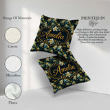 Custom Name Dark Botanical Orchid with Blue and Gold Tones Black Square Filled Cushion Throw Pillow Sofa Bed Home Decor Zip Washable UK Made