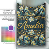 Dark Botanical Orchid Floral with Blue and Gold Tones Black Lovely  Personalised Custom Name Super Soft Fleece Blanket Bed Sofa Throw