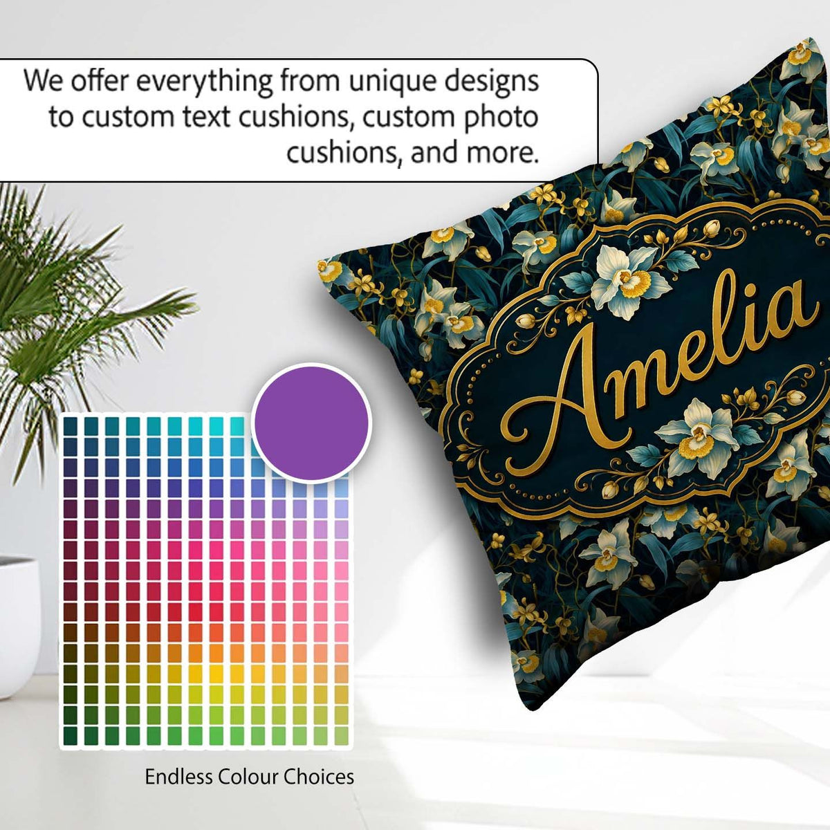 Custom Name Dark Botanical Orchid with Blue and Gold Tones Black Square Filled Cushion Throw Pillow Sofa Bed Home Decor Zip Washable UK Made