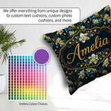 Custom Name Dark Botanical Orchid with Blue and Gold Tones Black Square Filled Cushion Throw Pillow Sofa Bed Home Decor Zip Washable UK Made