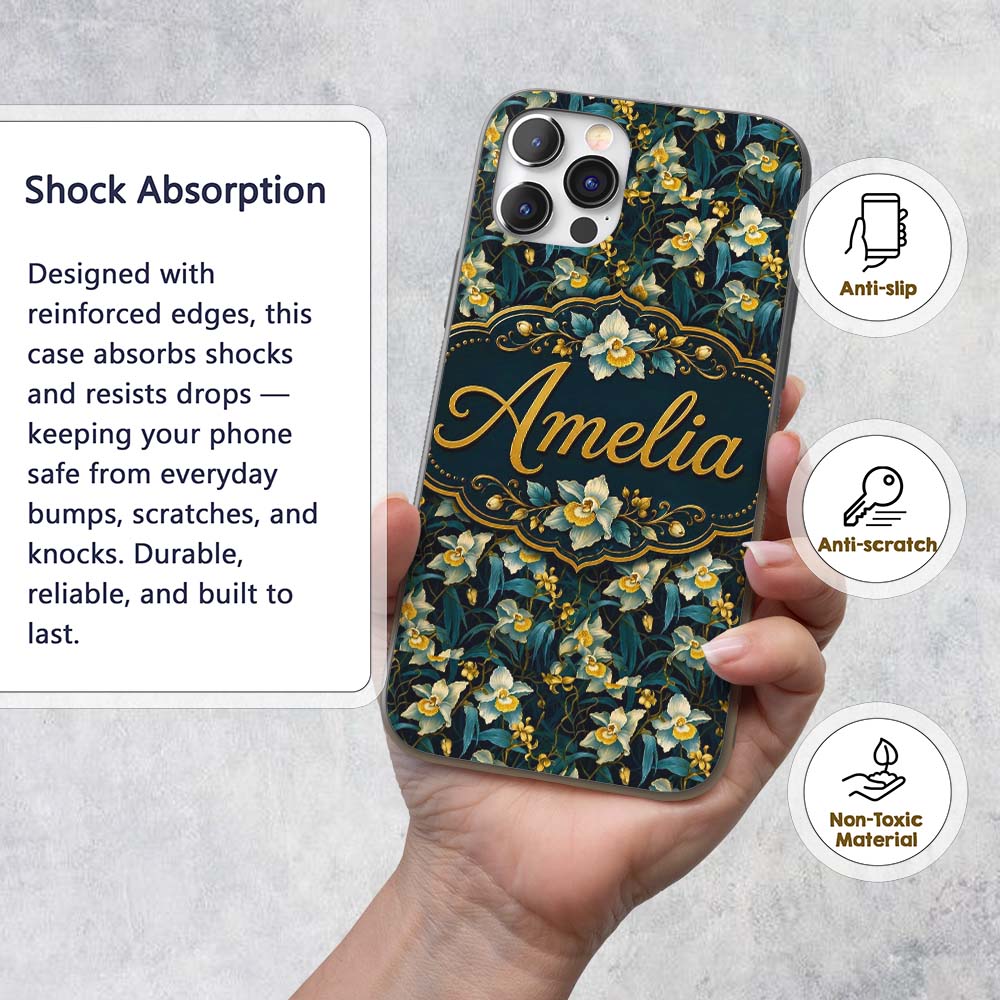 Dark Botanical Orchid Floral with Blue and Gold Custom Name Protective Phone Case Mobile Cover Durable Everyday Smartphone Shock Resistant