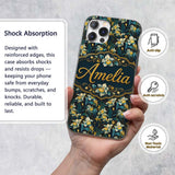 Dark Botanical Orchid Floral with Blue and Gold Custom Name Protective Phone Case Mobile Cover Durable Everyday Smartphone Shock Resistant
