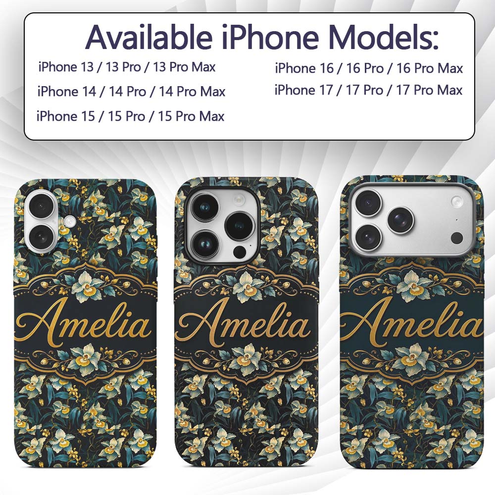 Dark Botanical Orchid Floral with Blue and Gold Custom Name Protective Phone Case Mobile Cover Durable Everyday Smartphone Shock Resistant
