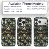 Dark Botanical Orchid Floral with Blue and Gold Custom Name Protective Phone Case Mobile Cover Durable Everyday Smartphone Shock Resistant